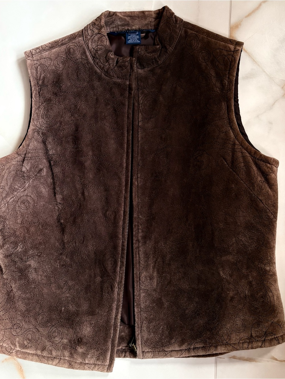 Catherine Stewart Brown Leather Embossed Zip Front Vest